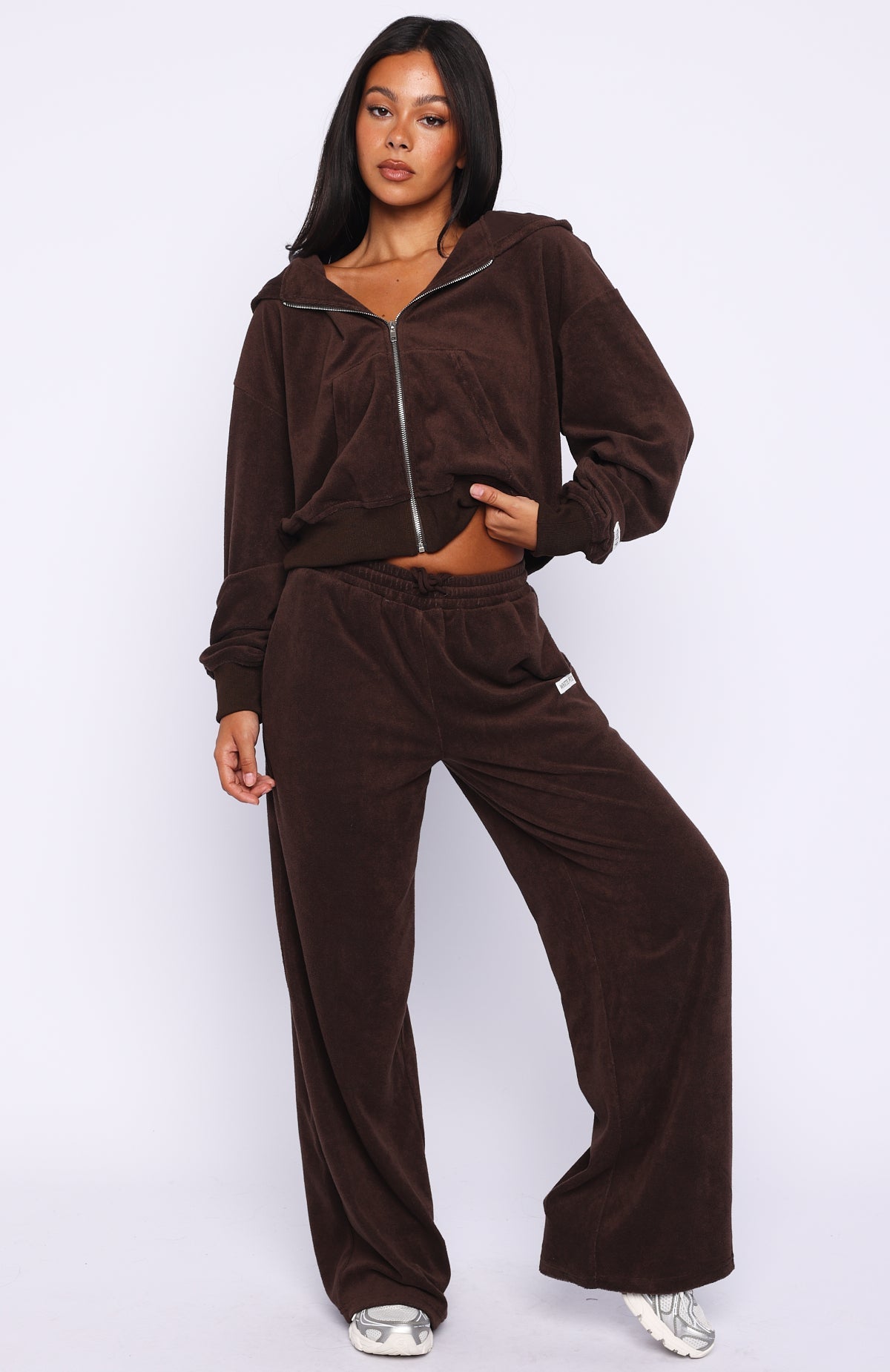 Causing Commotion Terry Boxy Zip Front Hoodie Chocolate