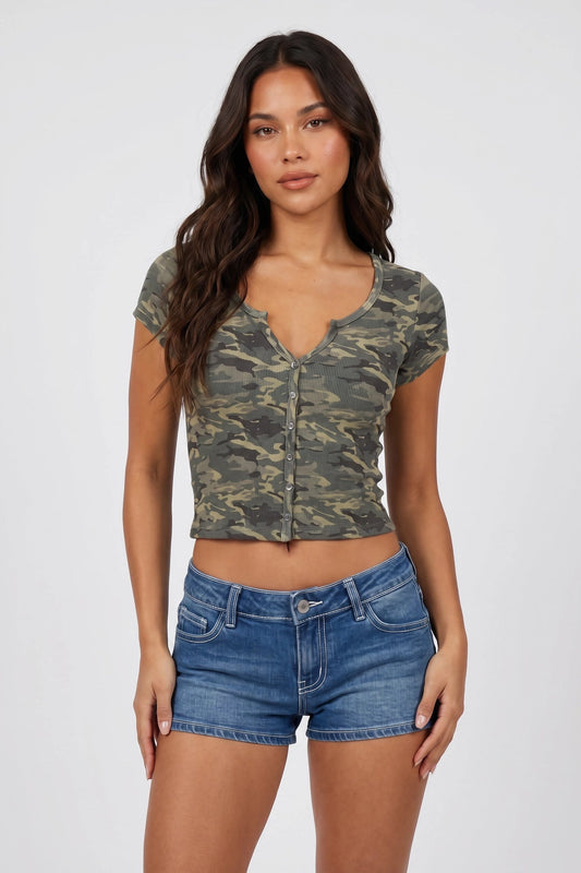 Ribbed Scoop Neck Button-Up Top