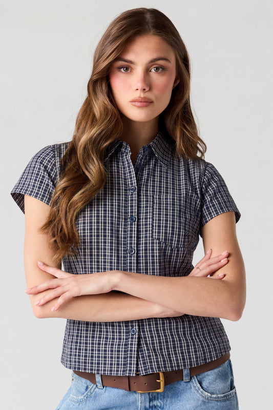 Fitted Short Sleeve Button-Up Top