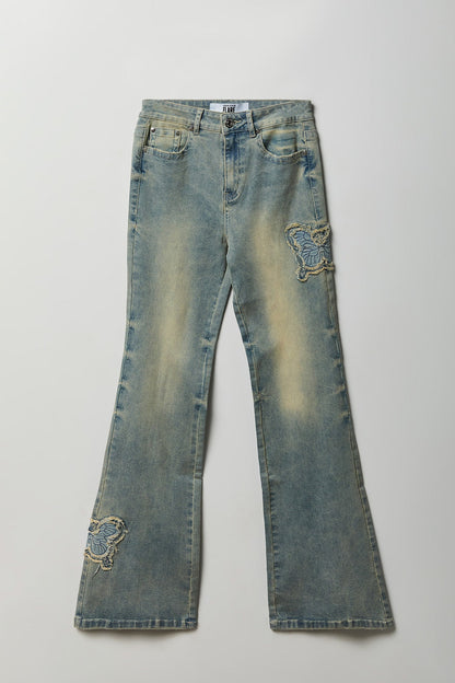 Stretch High Rise Butterfly Patch Flare Jean 22"