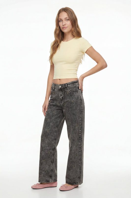 Low Rise Bow Embroidered Baggy Denim Jean