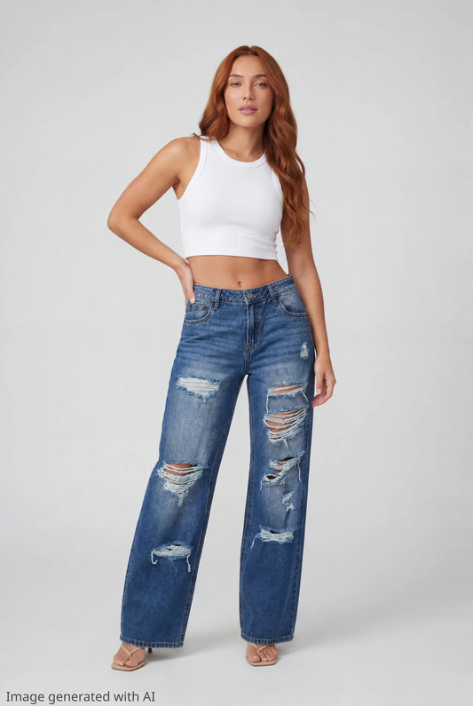 Brooklyn Ripped Low Rise Baggy Dark Jean