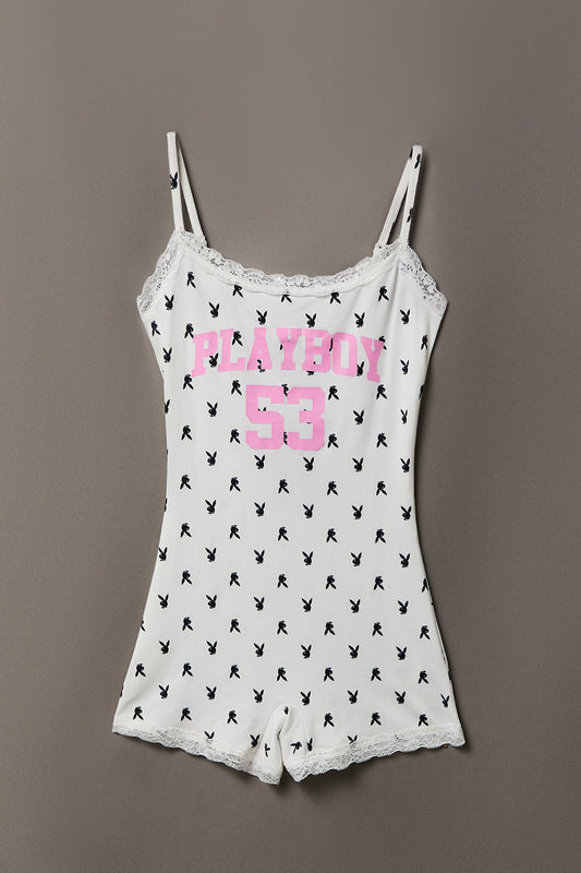 Playboy Graphic Lace Trim Romper