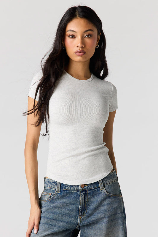 Ribbed Curved Hem T-Shirt