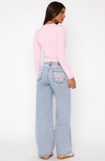 About A Girl Mid Rise Wide Leg Jeans Mid Blue Wash