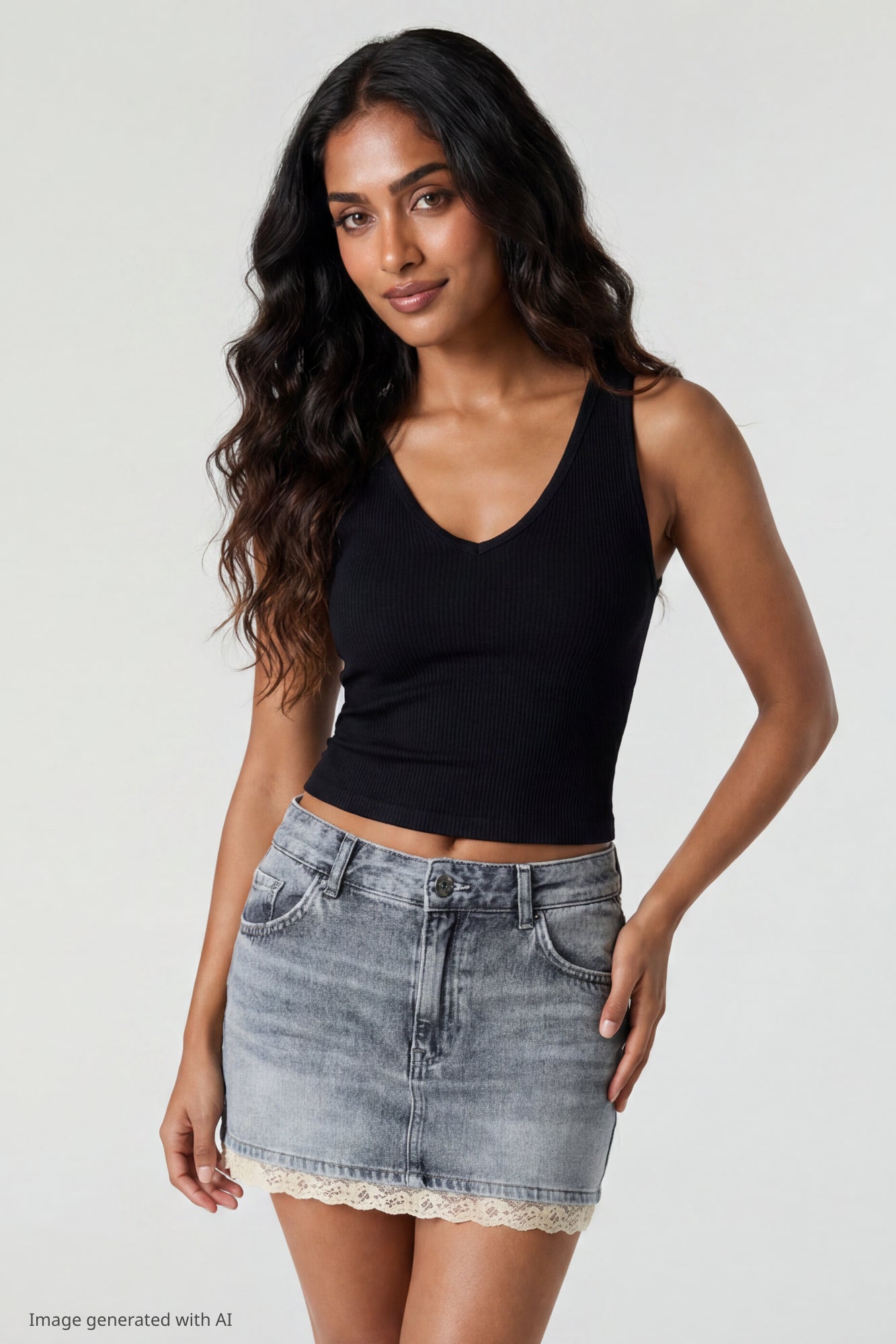 Lace Trim Denim Mini Skirt