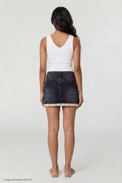 Lace Trim Denim Mini Skirt