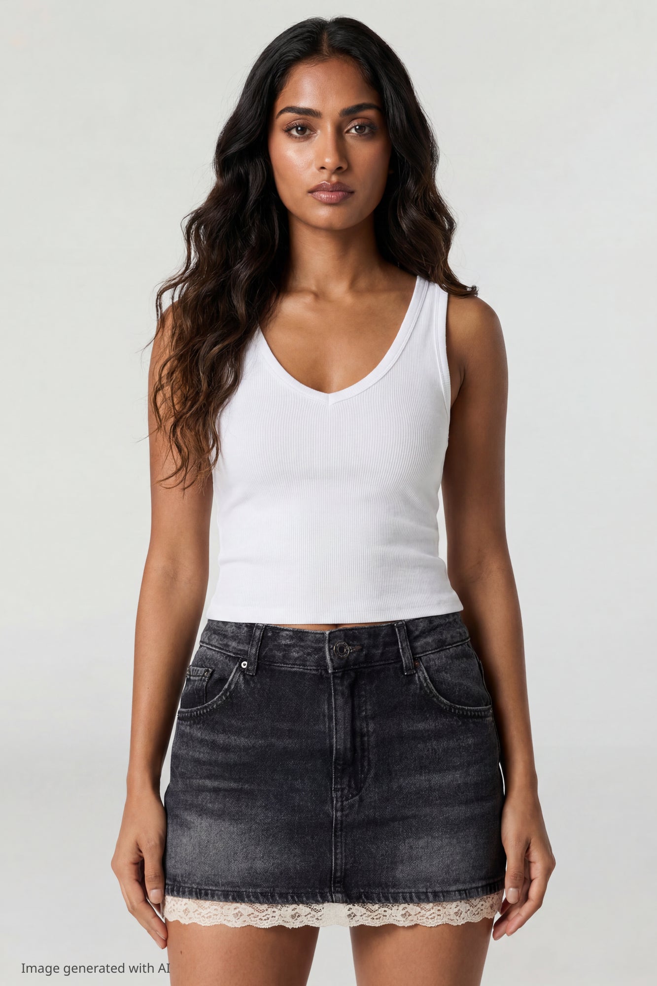 Lace Trim Denim Mini Skirt