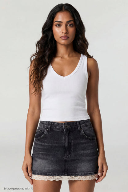 Lace Trim Denim Mini Skirt