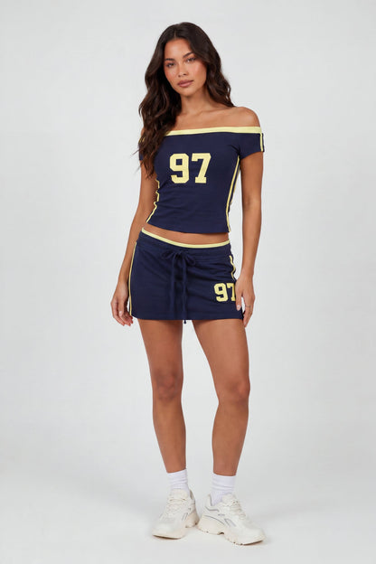 Graphic Off Shoulder Top & Mini Skirt Set