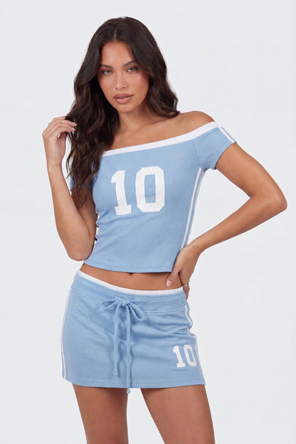 Graphic Off Shoulder Top & Mini Skirt Set