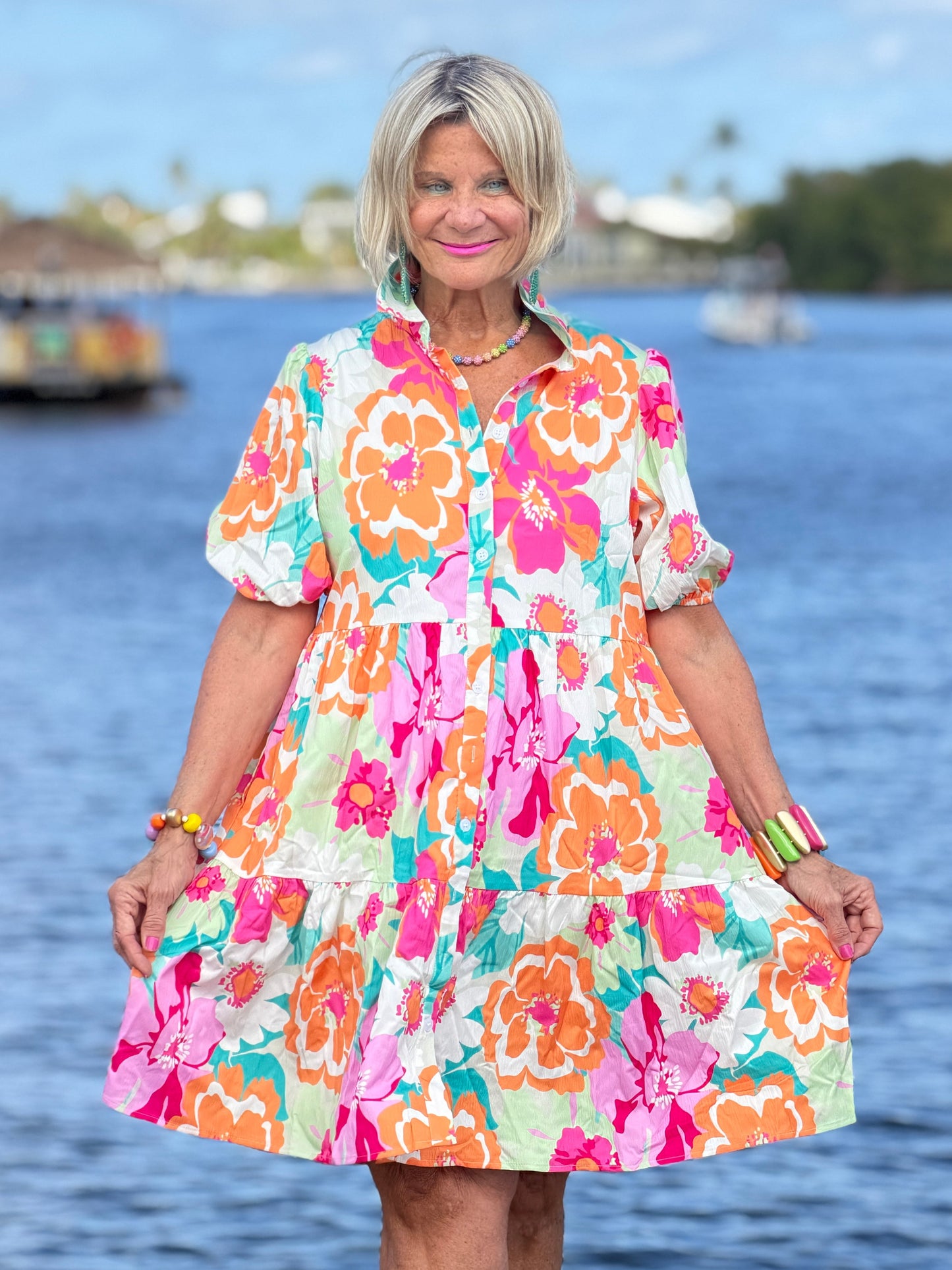 Fashion-W Floral Short Sleeve Buttoned Babydoll BOHO Dress