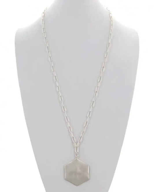 Hammered Metal Hexagon Pendant Long Necklac