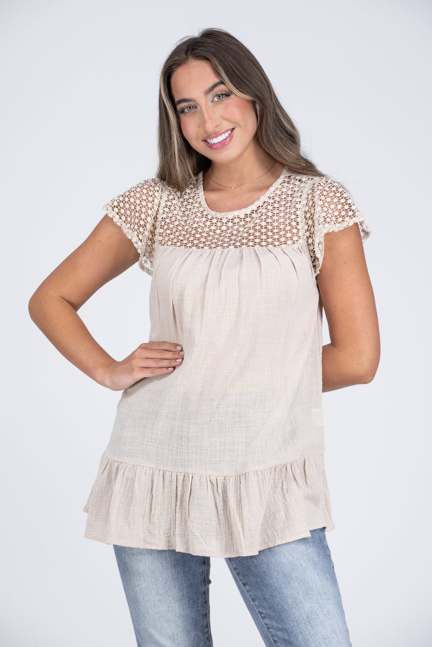 Strawberry Wine Women's Lace Neckline Short Sleeve Top