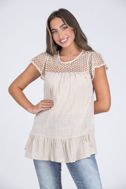 Strawberry Wine Women's Lace Neckline Short Sleeve Top