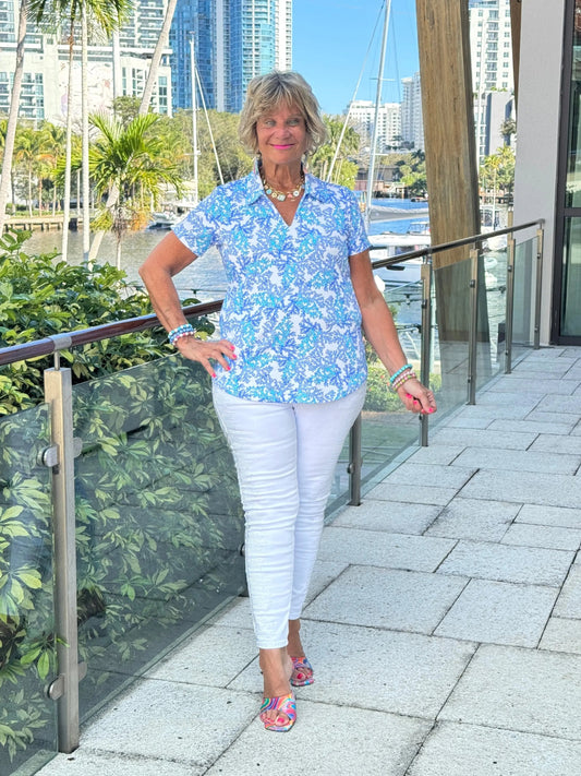 LULU B CORAL BREEZE SHORT SLEEVE V-NECK COLLAR TOP