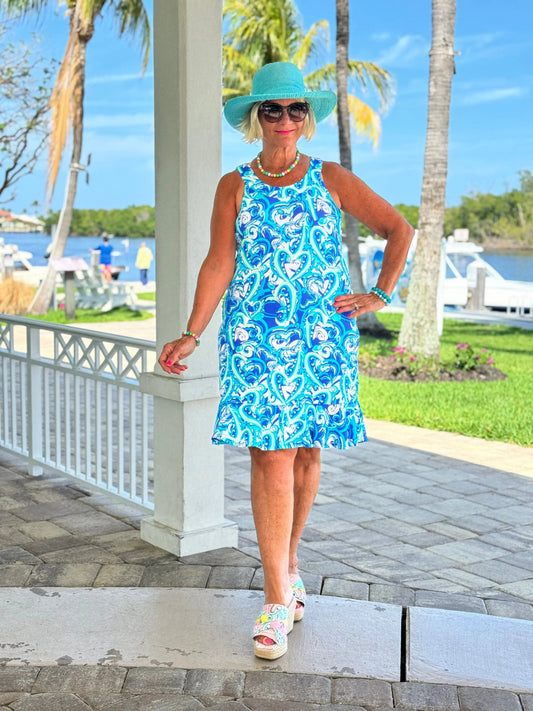 BLUE DREAMING HEARTS  HALTER RUFFLE DRESS