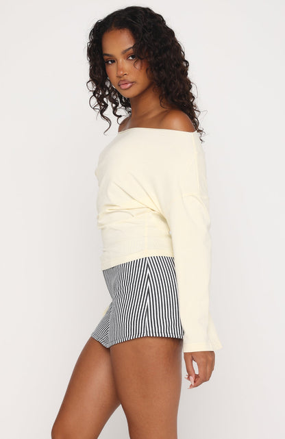 Falling For Him Cinched Waist Off Shoulder Long Sleeve Top Butter