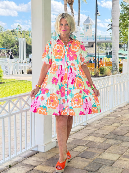 Fashion-W Floral Short Sleeve Buttoned Babydoll BOHO Dress