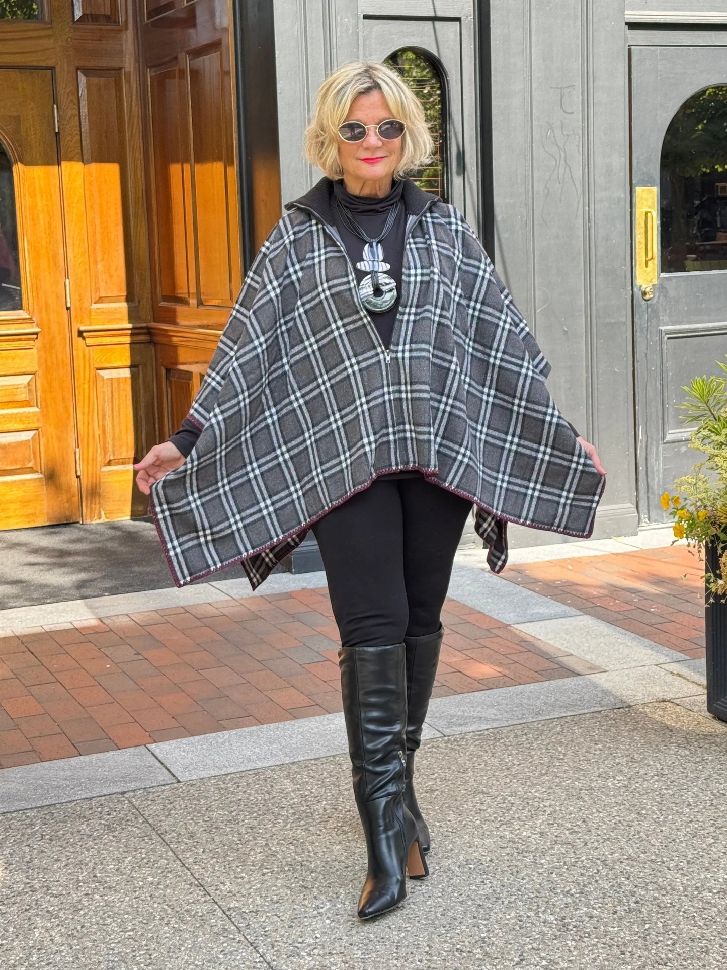 Flannel Plaid Zip Front Poncho