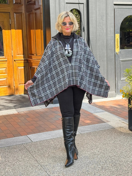 Flannel Plaid Zip Front Poncho