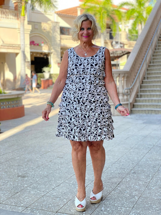 BLACK AND BEIGE LAYERED RUFFLE DRESS