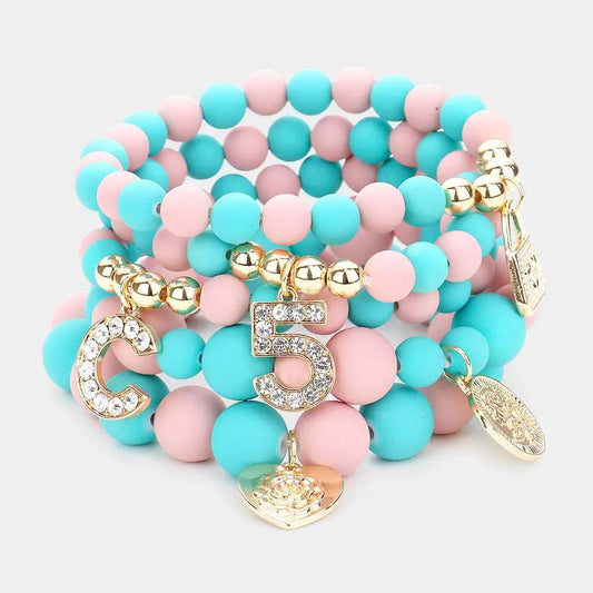 .5 Heart Lock Charm Beaded Stretch Bracelets 5PCS -