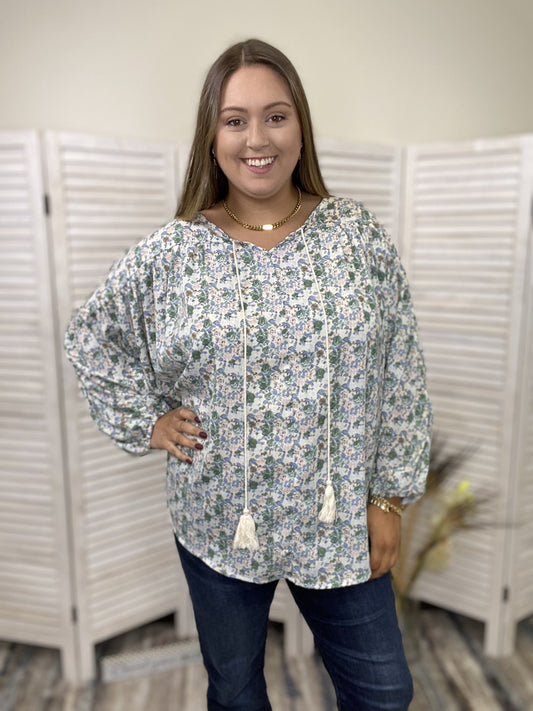 Tie One Up Women's Floral Tassel Long Sleeve Top