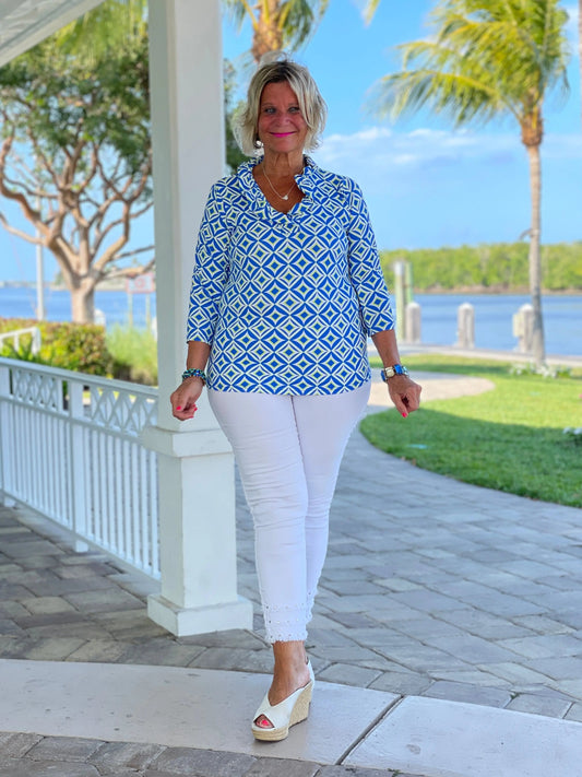 AQUA DIAMONDS  RUFFLE TOP