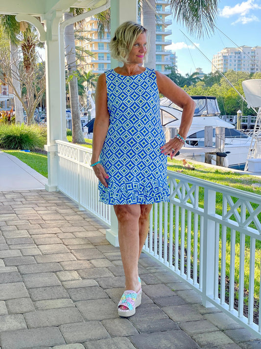 AQUA DIAMONDS SHIFT RUFFLE DRESS