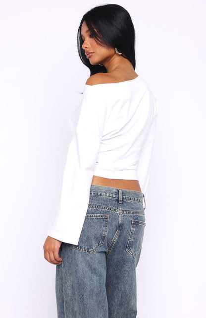 Falling For Him Cinched Waist Off Shoulder Long Sleeve Top White