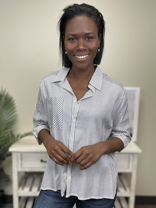 Get Going Women's Striped Button Down Oversized 1/2 Sleeve Top