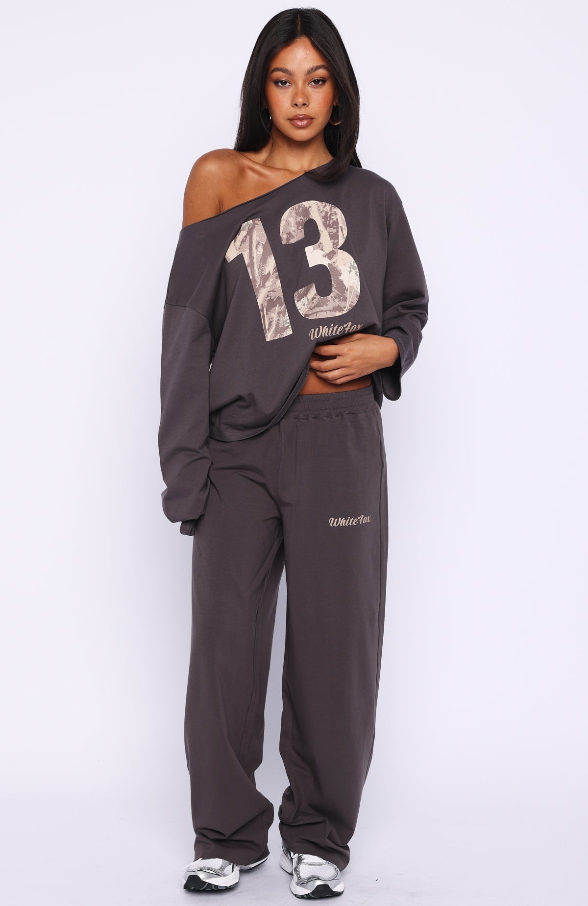 All A Dream Off Shoulder Oversized Long Sleeve Tee Charcoal