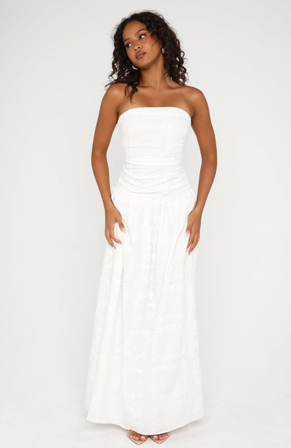 Bittersweet Babe Strapless Broderie Maxi Dress White