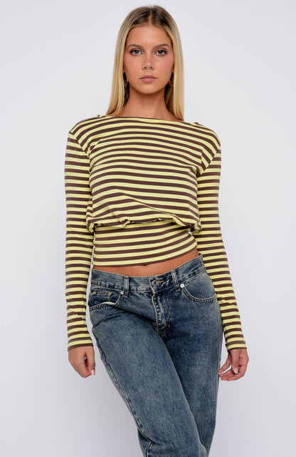 Catch My Heart Cinched Waist Long Sleeve Top Chocolate/Banana Stripe