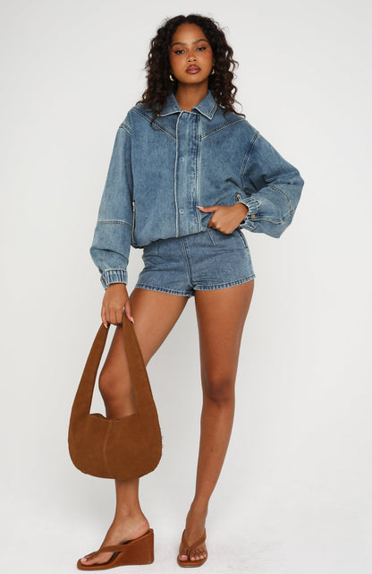 Cooler Than You Denim Bomber Jacket Brown Blue Acid Wash