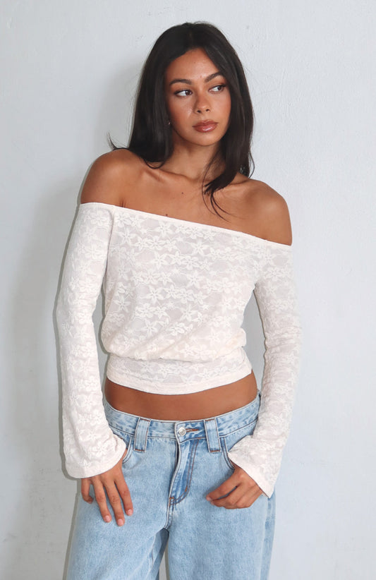 Dancing In The Rain Off Shoulder Long Sleeve Top Cream