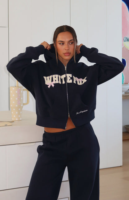 Daydreamers Madeline Boxy Zip Front Hoodie Navy