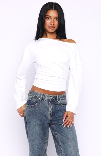 Falling For Him Cinched Waist Off Shoulder Long Sleeve Top White